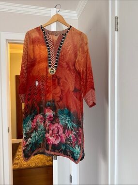 bohemian sEmbellished Orange Floral Tunic Top size XL